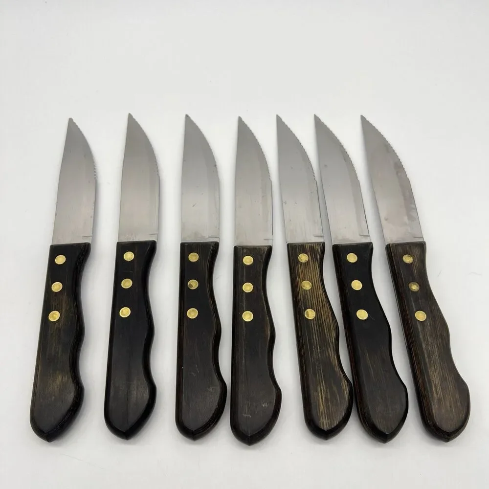 Set (7) TRAMONTINA Porterhouse SERRATED STEAK KNIVES w/ WOODEN WALL Hang/Drawer